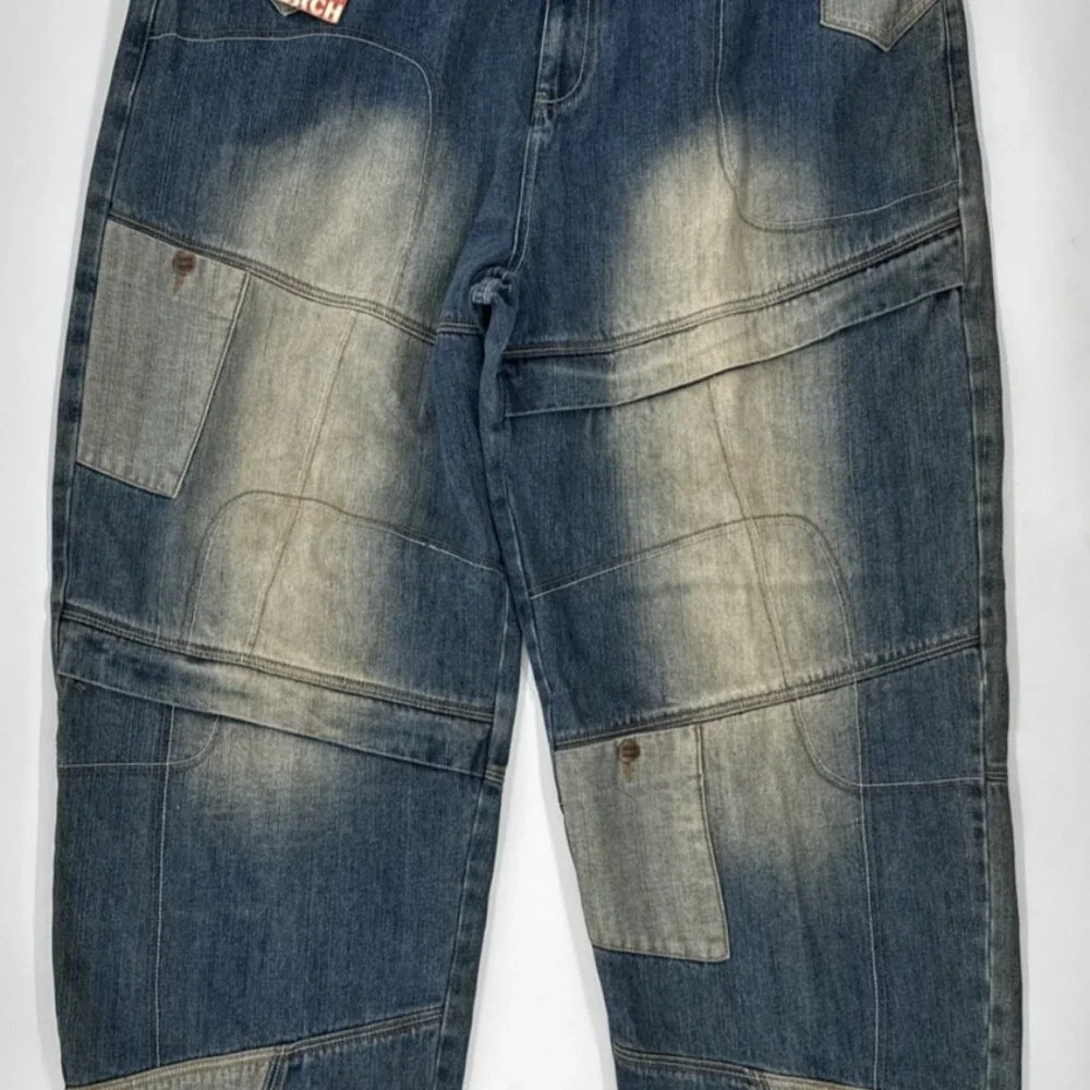 Y2K Torch Jeans Mens 48x34 Denim Patchwork Distressed Wide Baggy Hip Hop Urban - Picture 2 of 13